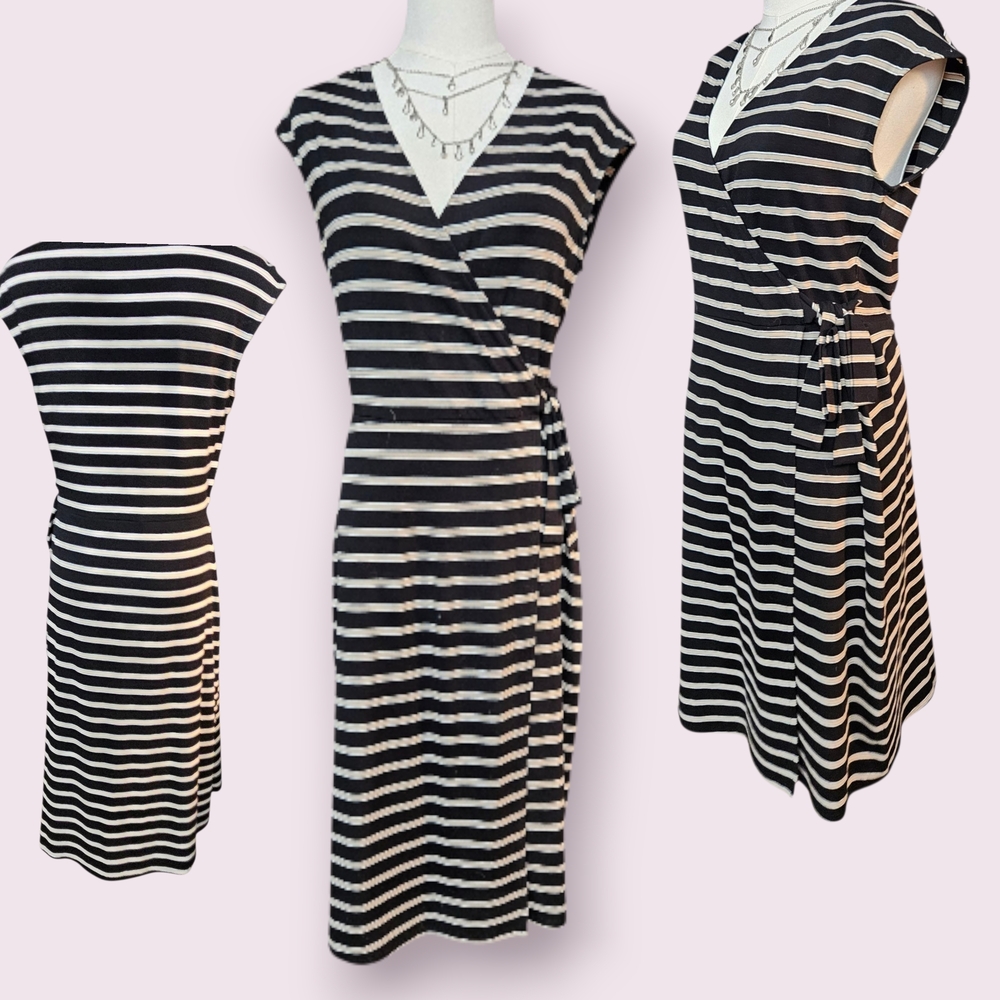 Calvin Klein Black and White Striped Midi Dress, Size Medium